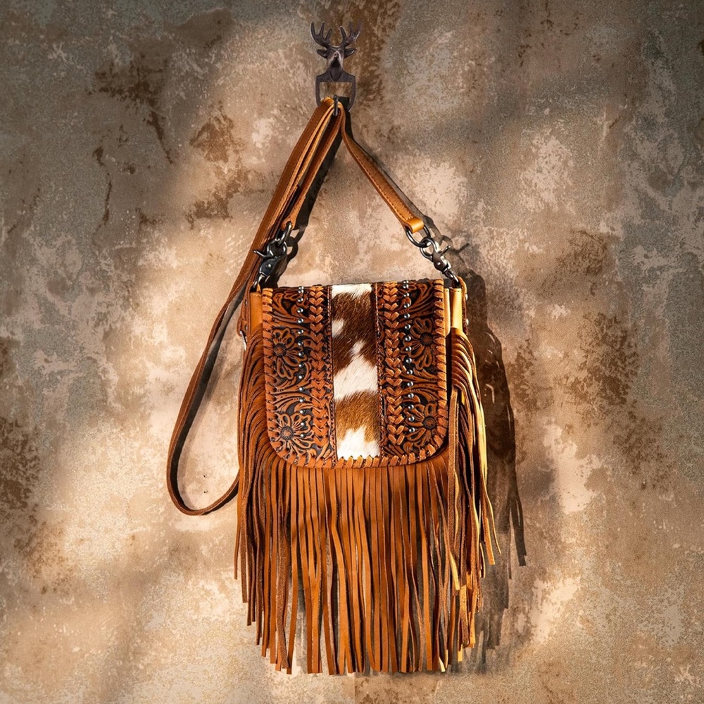 Brown Fringe Leather Crossbody Bag